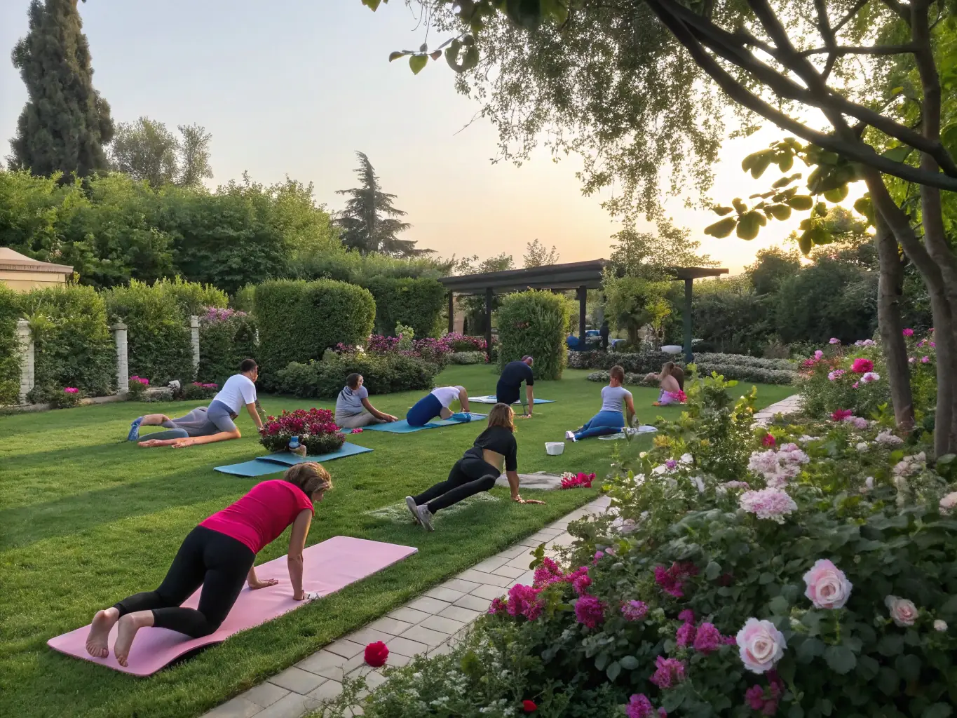 Image d’un groupe d’adultes de tous âges participant à un cours collectif de fitness en plein air sur une pelouse verte, avec des équipements sportifs et un coach motivant le groupe.