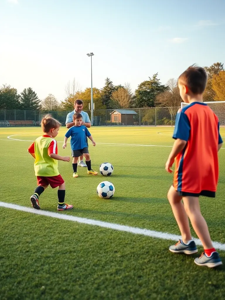 A vibrant photo of children and teenagers participating in a mixed-gender soccer training session on a well-maintained community field, with coaches providing guidance and encouragement.