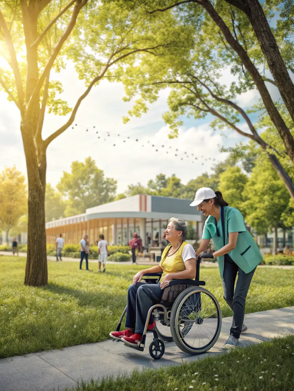 A cheerful group of children with disabilities participating in an adaptive sports workshop, using specialized equipment and receiving attentive support from trained staff.