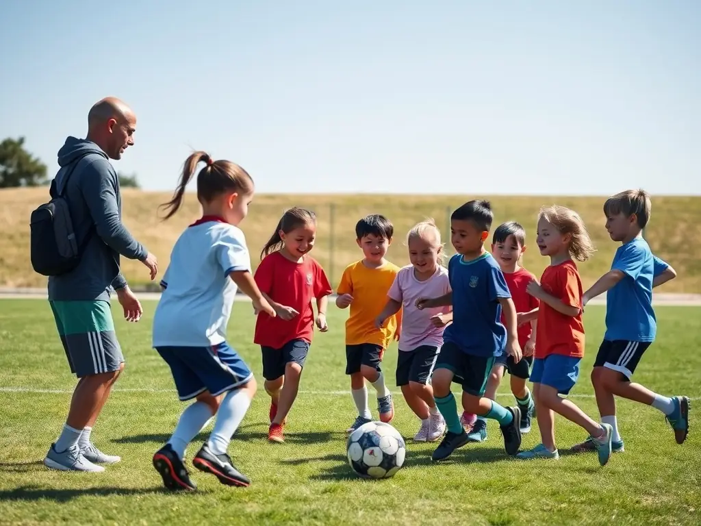 Photographie d’un terrain de football moderne avec des enfants et des adolescents en pleine séance d’entraînement, encadrés par un coach souriant, sous un ciel ensoleillé, illustrant l’ambiance dynamique des programmes jeunesse.