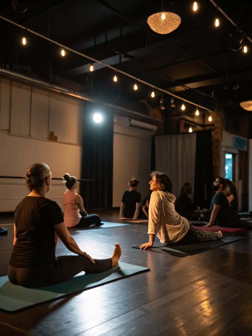 An inclusive image of adults and seniors engaged in a gentle group fitness class, such as stretching or yoga, inside a bright, accessible sports facility.