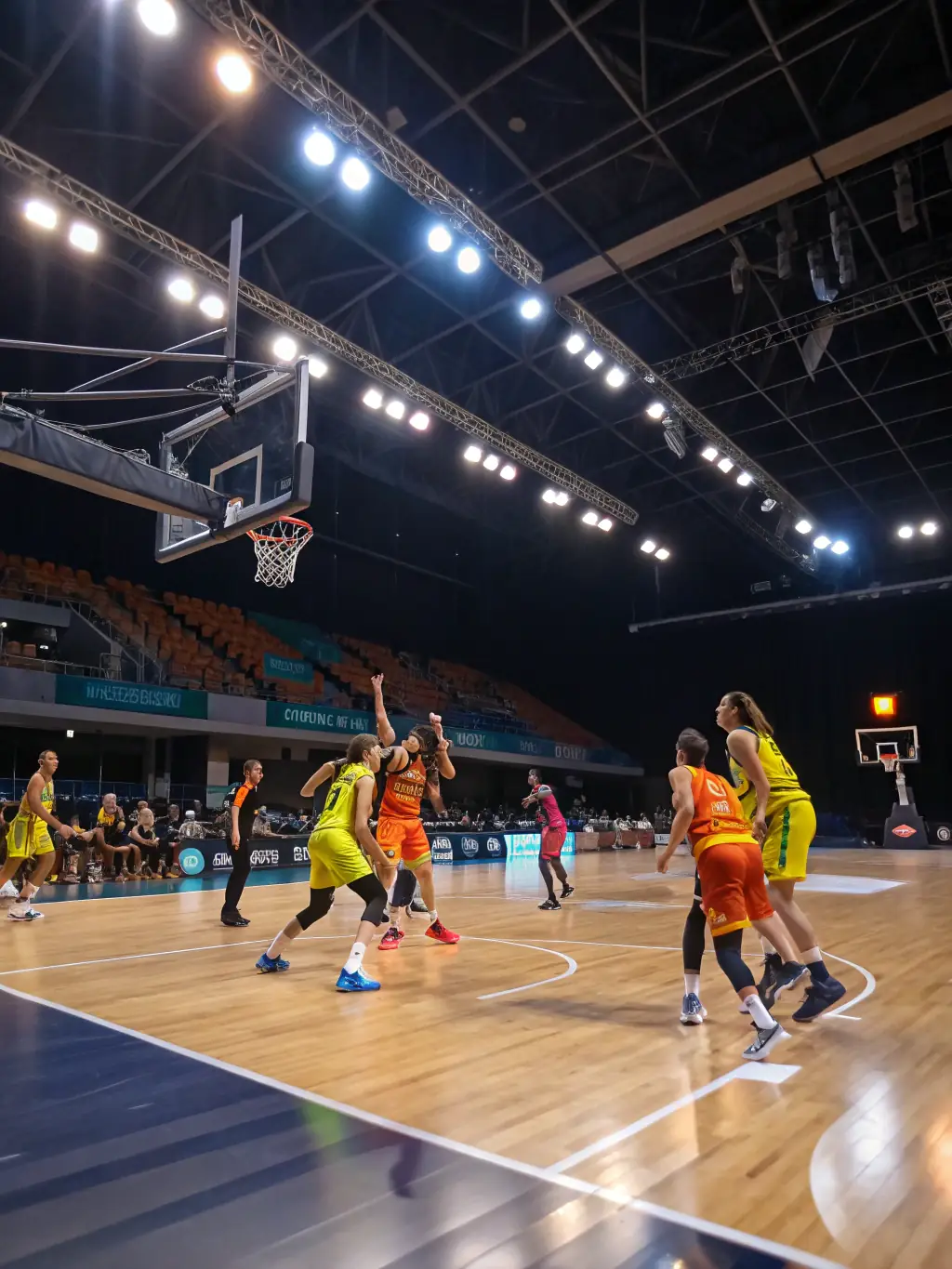 A dynamic scene of a local basketball tournament, with diverse teams competing and spectators cheering in a lively indoor sports hall managed by the organization.